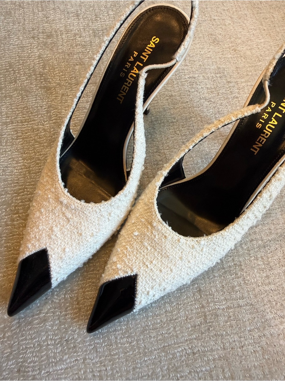Saint Laurent Cream Tweed Slingback Pumps with Black Patent Pointed Toe